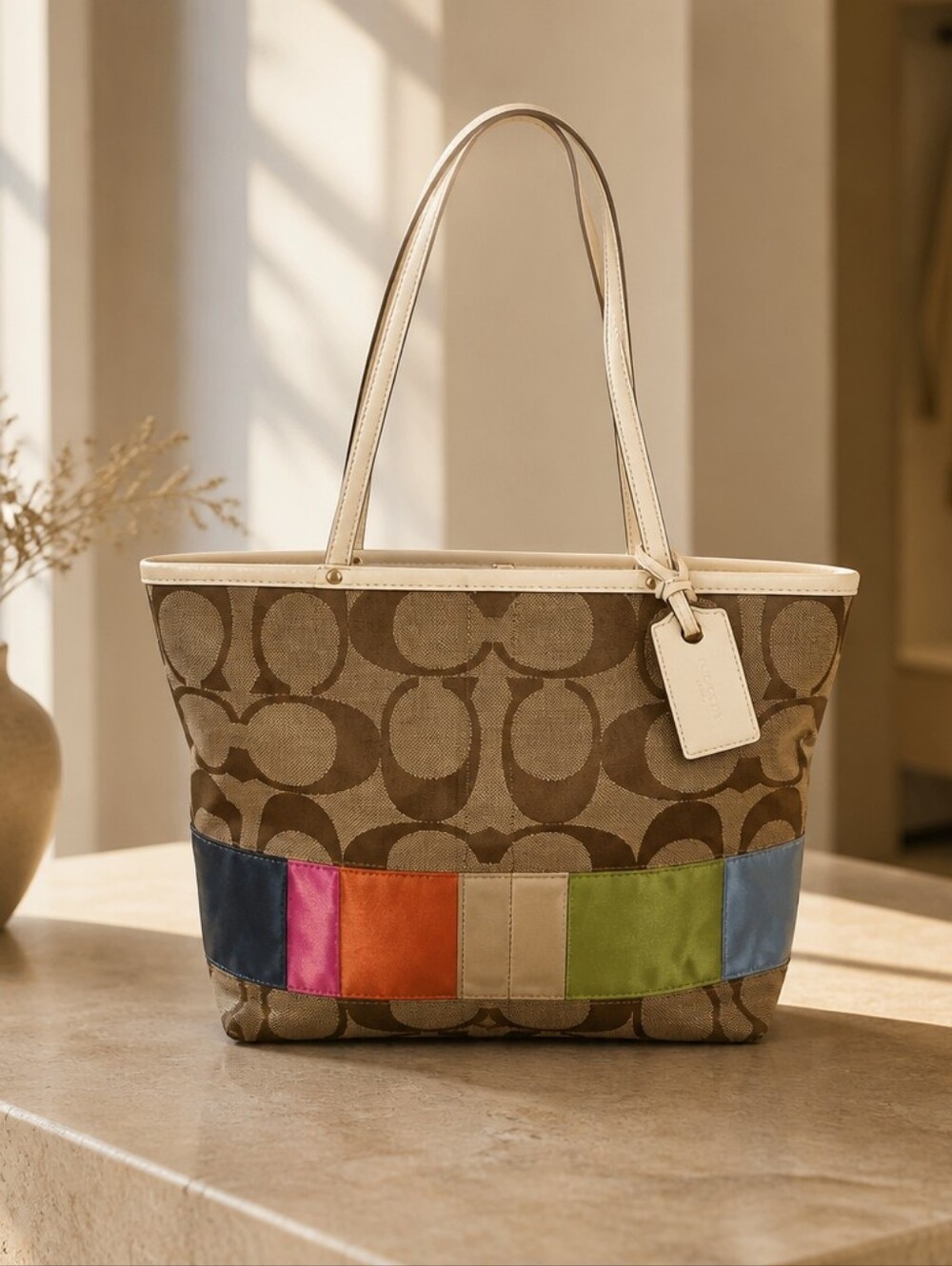 Coach Signature Canvas Tote with Colorblock Accents - Beige